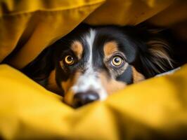 malizioso cane sbirciando su a partire dal un' accogliente coperta forte ai generativo foto