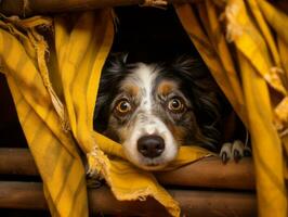 malizioso cane sbirciando su a partire dal un' accogliente coperta forte ai generativo foto