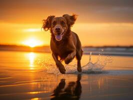 contento cane giocando su il spiaggia ai generativo foto