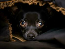 malizioso cane sbirciando su a partire dal un' accogliente coperta forte ai generativo foto