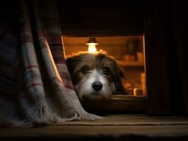 malizioso cane sbirciando su a partire dal un' accogliente coperta forte ai generativo foto