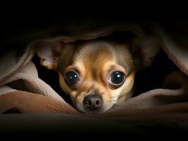 malizioso cane sbirciando su a partire dal un' accogliente coperta forte ai generativo foto