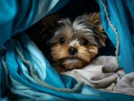 malizioso cane sbirciando su a partire dal un' accogliente coperta forte ai generativo foto