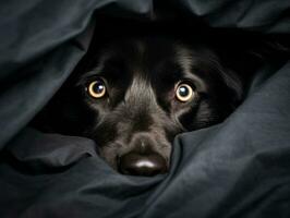 malizioso cane sbirciando su a partire dal un' accogliente coperta forte ai generativo foto