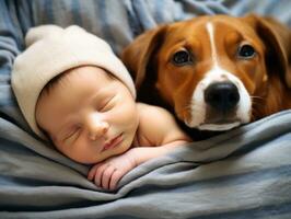 amorevole cane Strofinare il muso un' neonato bambino nel un' culla ai generativo foto