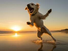 contento cane giocando su il spiaggia ai generativo foto