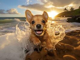 contento cane giocando su il spiaggia ai generativo foto