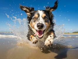 contento cane giocando su il spiaggia ai generativo foto