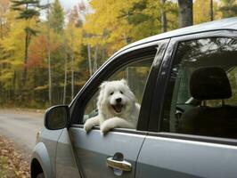 contento cane equitazione nel un' auto con suo testa su il finestra ai generativo foto