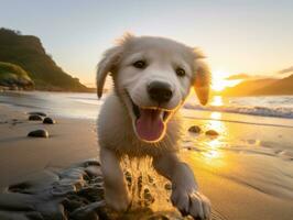 contento cane giocando su il spiaggia ai generativo foto