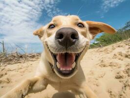 contento cane giocando su il spiaggia ai generativo foto