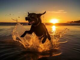 contento cane giocando su il spiaggia ai generativo foto