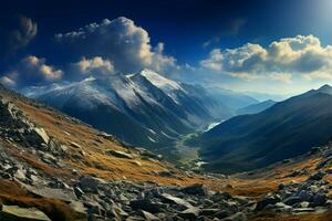 paesaggi montani, dove terre bellezza raggiunge imponente, maestoso altezza ai generato foto