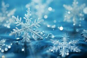delicato i fiocchi di neve volteggiare su ghiacciato blu tele, modellare un' inverno incanto ai generato foto