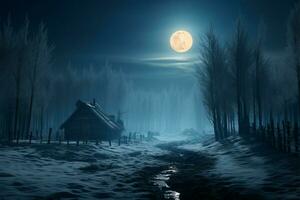 spettrale chiaro di luna coperte un' congelato foresta su un' inverno notte ai generato foto