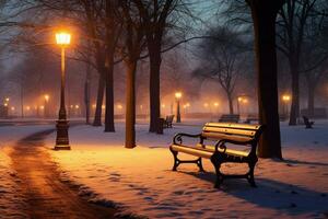 sera fascino di legno panca, città parco, inverno luci, illustrazione bellezza ai generato foto