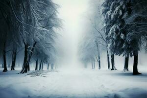 un' neve coperto strada venti attraverso un vecchio, staglia foresta scena ai generato foto