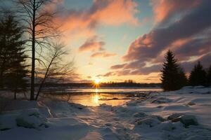 un' inverno tramonto vernici il orizzonte con vivido, ardente colori ai generato foto