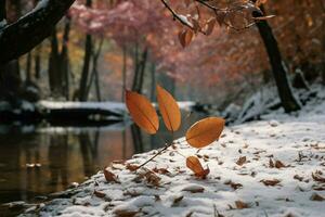 autunni vivace bellezza contrasti con un' nevoso, gelido foresta fondale ai generato foto