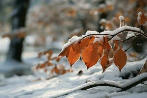 un' nevoso foresta scena rivela vivido autunno fogliame su ghiacciato rami ai generato foto