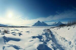 un' invernale scena, neve rivestito paesaggi, montagne su il orizzonte ai generato foto