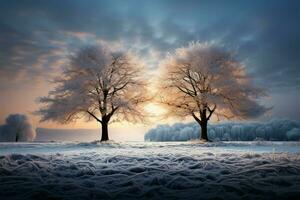 inverni incantevole bellezza un' solitario albero nel il sera nevicata ai generato foto