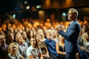 uomo d'affari parla a un' conferenza. motivazionale altoparlante nel davanti di un' grande folla a un' seminario. generativo ai foto