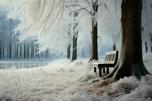 un' tranquillo inverno scena si svolge nel il gelido abbraccio di legno di faggio ai generato foto