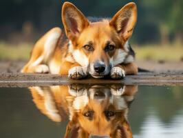 cane e suo riflessione nel un' calma stagno ai generativo foto