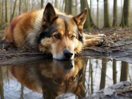 cane e suo riflessione nel un' calma stagno ai generativo foto