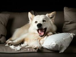 cane con un' malizioso espressione circondato di strappato cuscini ai generativo foto