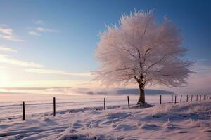 panoramico inverno panorama ornato di un' separare, elegante, solitario albero ai generato foto