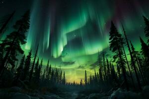 luminoso verde aurora tesse attraverso il settentrionale leggero foresta e cielo ai generato foto