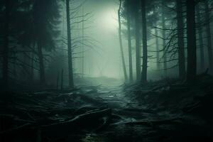 spaventoso foresta natura selvaggia avvolto nel un misterioso velo di mistero e orrore ai generato foto