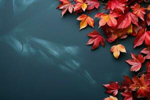 autunno fondale rosso le foglie su blu ardesia, superiore Visualizza, copia spazio ai generato foto