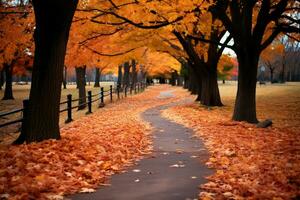 acero le foglie con grazia coperta il parco sentiero nel vivace autunno tonalità ai generato foto
