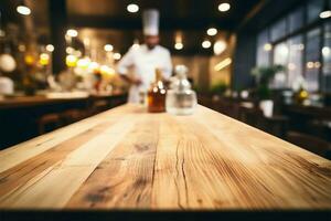 ristorante cucina spingere dietro a un vuoto legna tavolo nel sfocato Visualizza ai generato foto