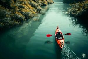 a valle kayak su un' avvolgimento fiume, Abbracciare una persona nature pittoresco bellezza ai generato foto