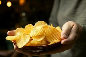 mano afferrare Patata patatine fritte, pronto per un' delizioso spuntini Esperienza ai generato foto