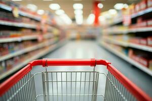 vuoto rosso shopping carrello nel il primo piano, con un' sfocato supermercato corridoio ai generato foto