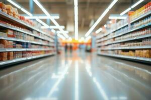 sfocato interno di un' supermercato memorizzare corridoio, la creazione di un astratto fondale ai generato foto