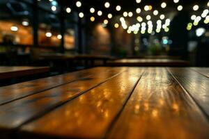 caffè di legno tavolo su chiudere, bokeh sfondo imposta il ambiance ai generato foto