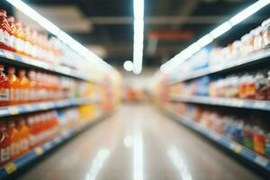 un astratto e sfocato sfondo entro il interno di un' supermercato corridoio ai generato foto