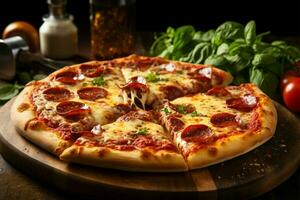 un' salato italiano Pizza, valorizzare il ristorante sfondo per commensali ai generato foto