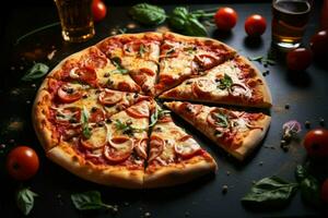 un' allettante italiano Pizza, Perfetto per un' ristorante pasto sfondo ai generato foto