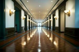 un' sofisticato Hotel corridoio in mostra suo di lusso architettonico Caratteristiche ai generato foto