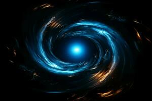 astratto spazio nero buchi, spirali, e radiante blu nebbia ai generato foto