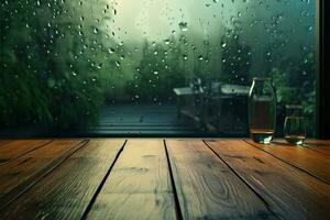 di legno tavolo sotto un' pioggia striato finestra, un' accogliente interno scena ai generato foto
