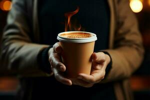 calore nel mano un' vicino su di un' caffè tazza ai generato foto