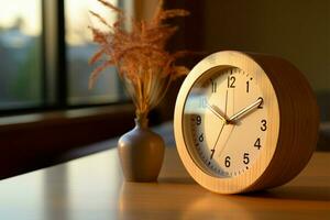 di legno orologio migliora il tranquillo, calmo aura di un' giapponese Camera da letto ai generato foto